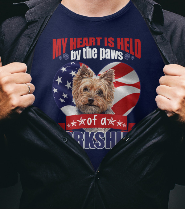 My Heart Is Held By The Paws Of A Yorkshire Terrier American Flag Heart T-Shirt