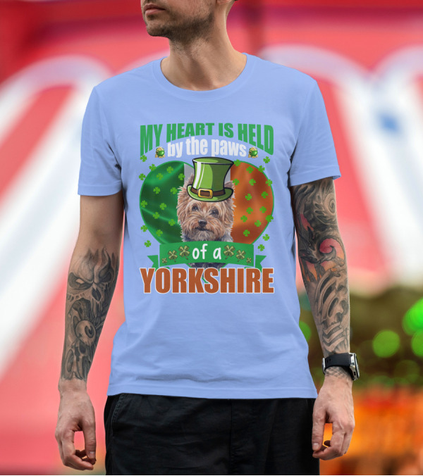 My Heart Is Held By The Paws Of A Yorkshire Terrier With Irish Clover And Hat T-Shirt