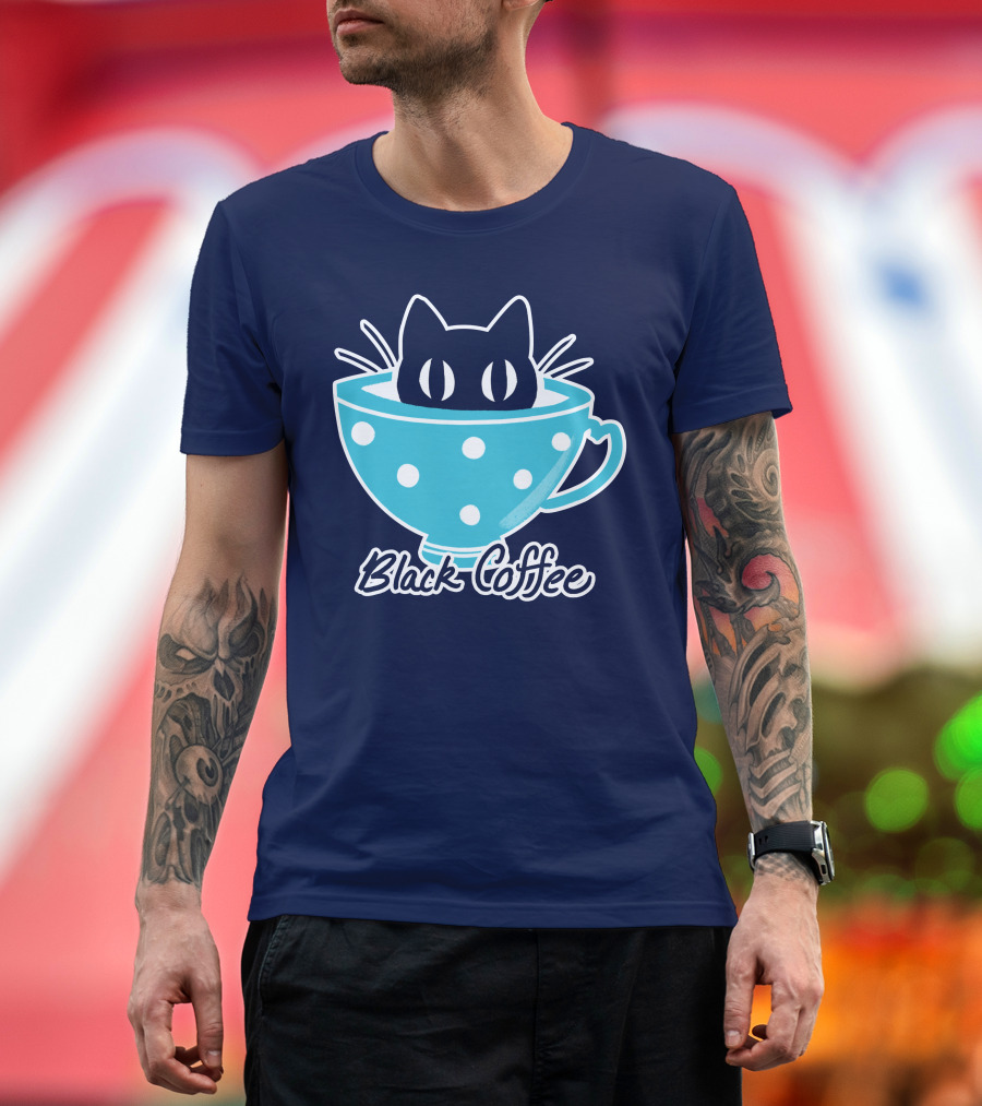 Black Coffee Cat in Blue Polka Dot Teacup T-Shirt