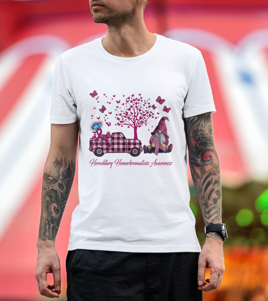 I'm A Survivor Hereditary Hemochromatosis Awareness Tree Butterflies Gnome and Plaid Truck T-Shirt