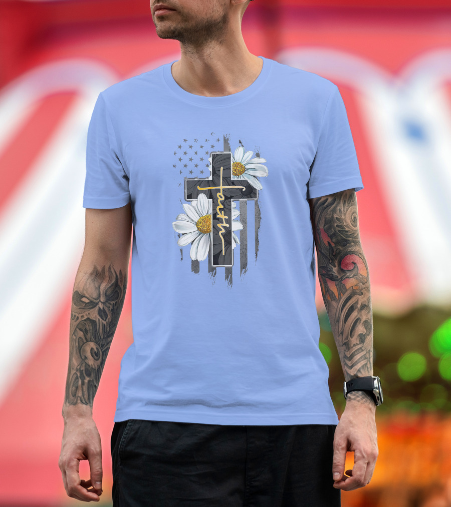 Faith Cross Daisy American Flag T-Shirt