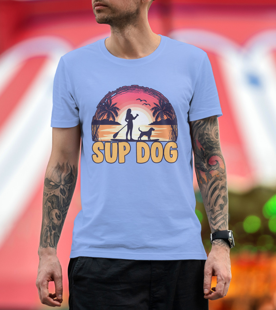 SUP Dog Paddleboard Sunset with Silhouette and Palm Trees T-Shirt