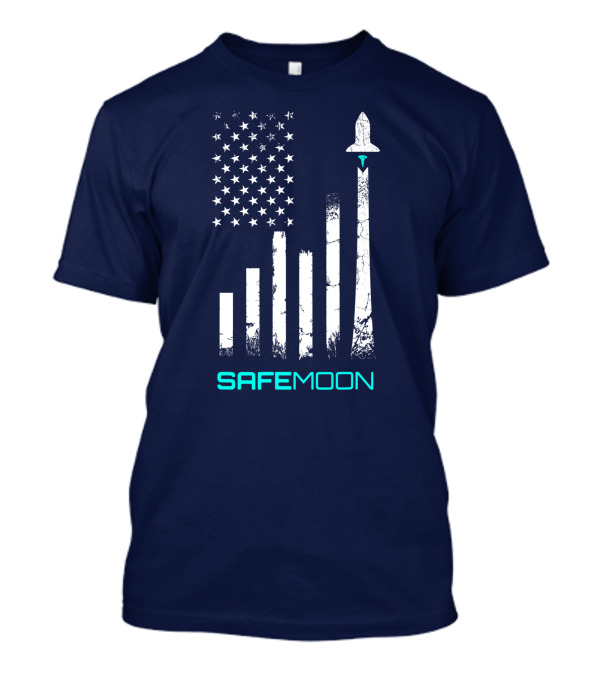 Safemoon Crypto Coin Cryptocurrency To The Moon Blockchain American Flag Rocket Launch T-Shirt
