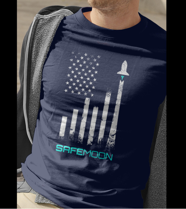 Safemoon Crypto Coin Cryptocurrency To The Moon Blockchain American Flag Rocket Launch T-Shirt