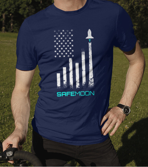 Safemoon Crypto Coin Cryptocurrency To The Moon Blockchain American Flag Rocket Launch T-Shirt
