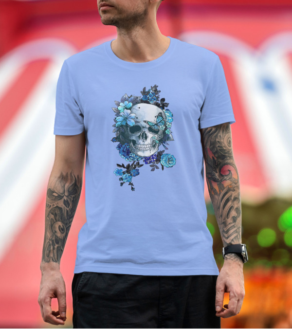 Premium T-Shirt: Blue Skull Butterfly with Flowers T-Shirt Blue Skull Butterfly with Flowers T-Shirt