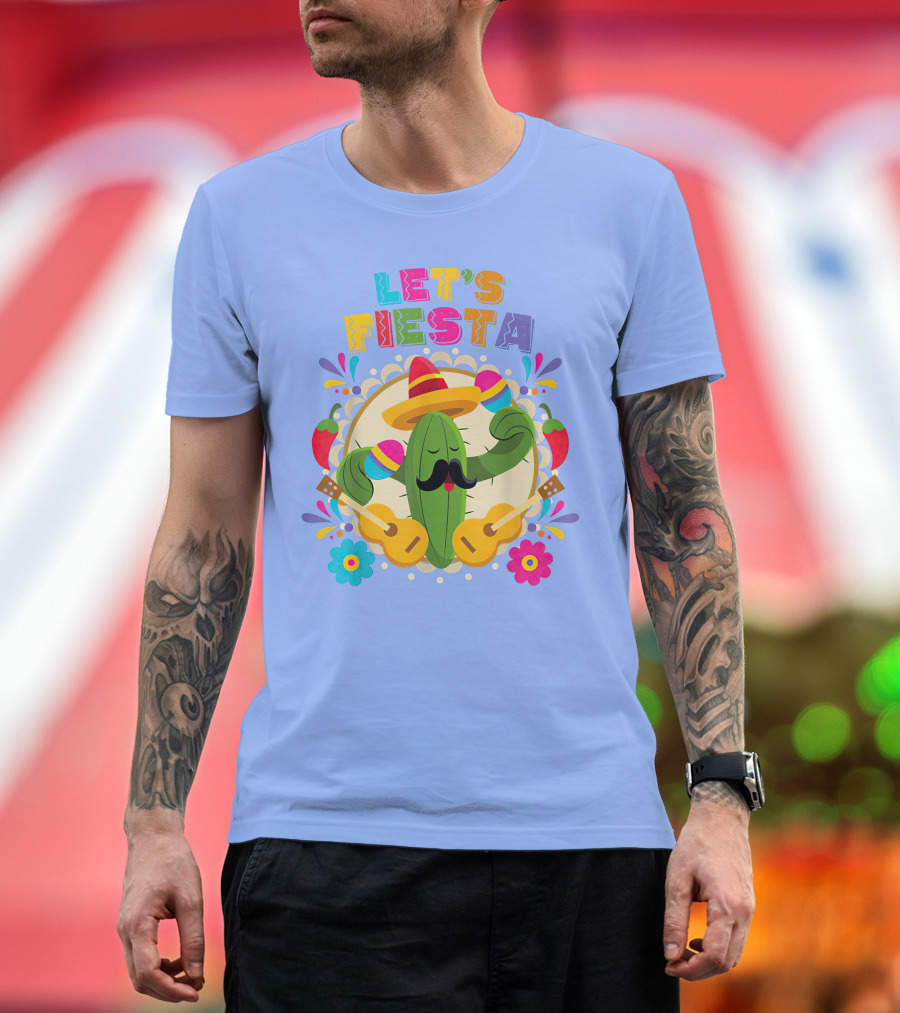 Let's Fiesta Cinco De Mayo Cactus with Sombrero and Guitars T-Shirt