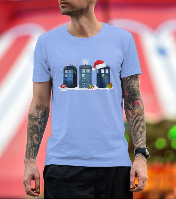 Premium T-Shirt: Police Box Dr Who Christmas Reindeer Lights Santa Hat Wreath T-Shirt Police Box Dr Who Christmas Reindeer Lights Santa Hat Wreath T-Shirt