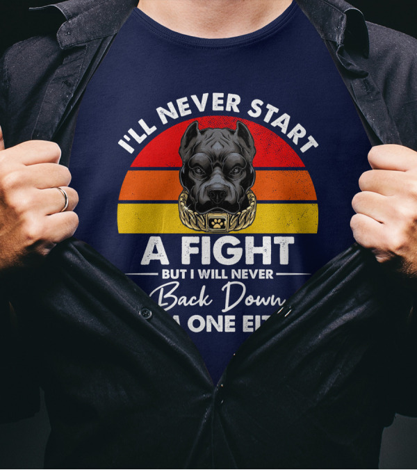 I’ll Never Start A Fight Dog With Chain Collar And Retro Gradient T-Shirt