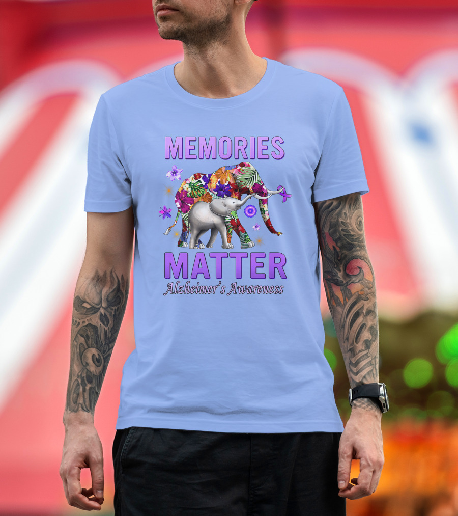MEMORIES MATTER Alzheimer's Awareness Purple Elephant with Floral T-Shirt