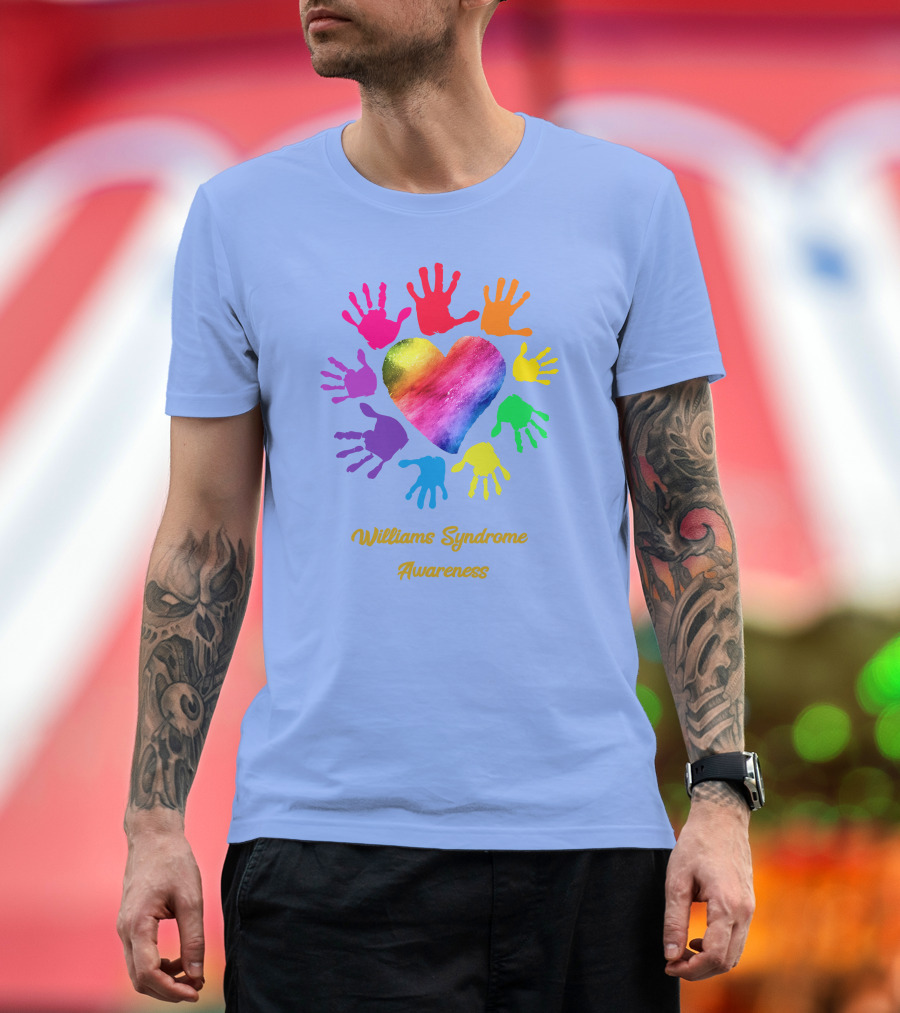 Williams Syndrome Awareness Rainbow Heart and Colorful Handprints T-Shirt