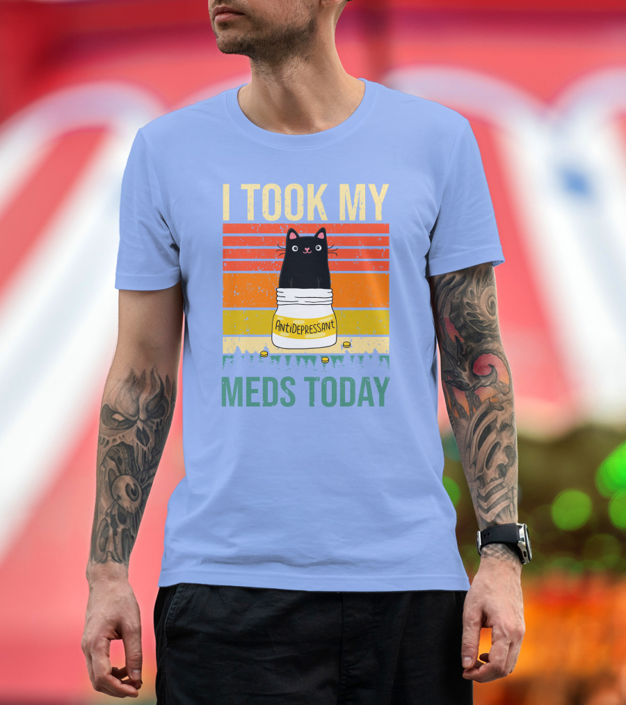 I Took My Antidepressant Meds Today Cat Retro Stripes T-Shirt