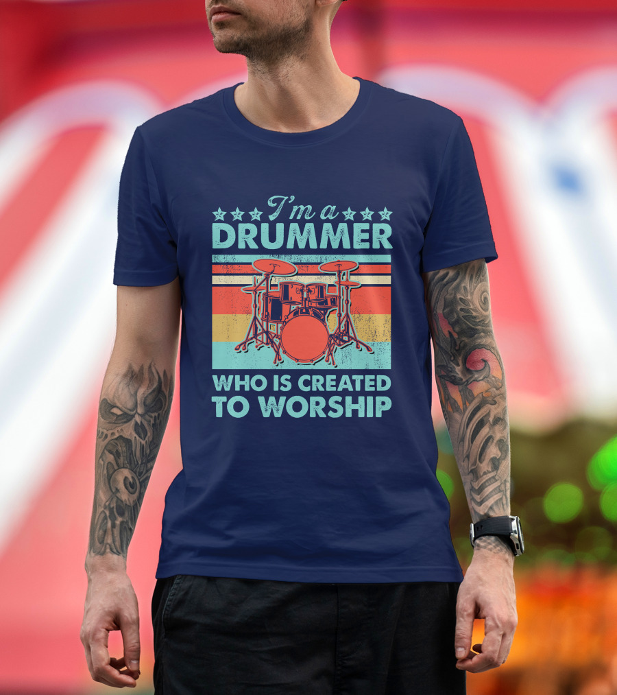 I'm a Drummer Who Is Created to Worship Vintage Drum Set Retro Stripes T-Shirt