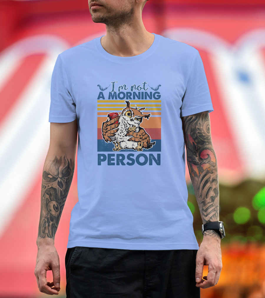 I'm Not A Morning Person Owl Coffee Cookie Retro Stripes T-Shirt