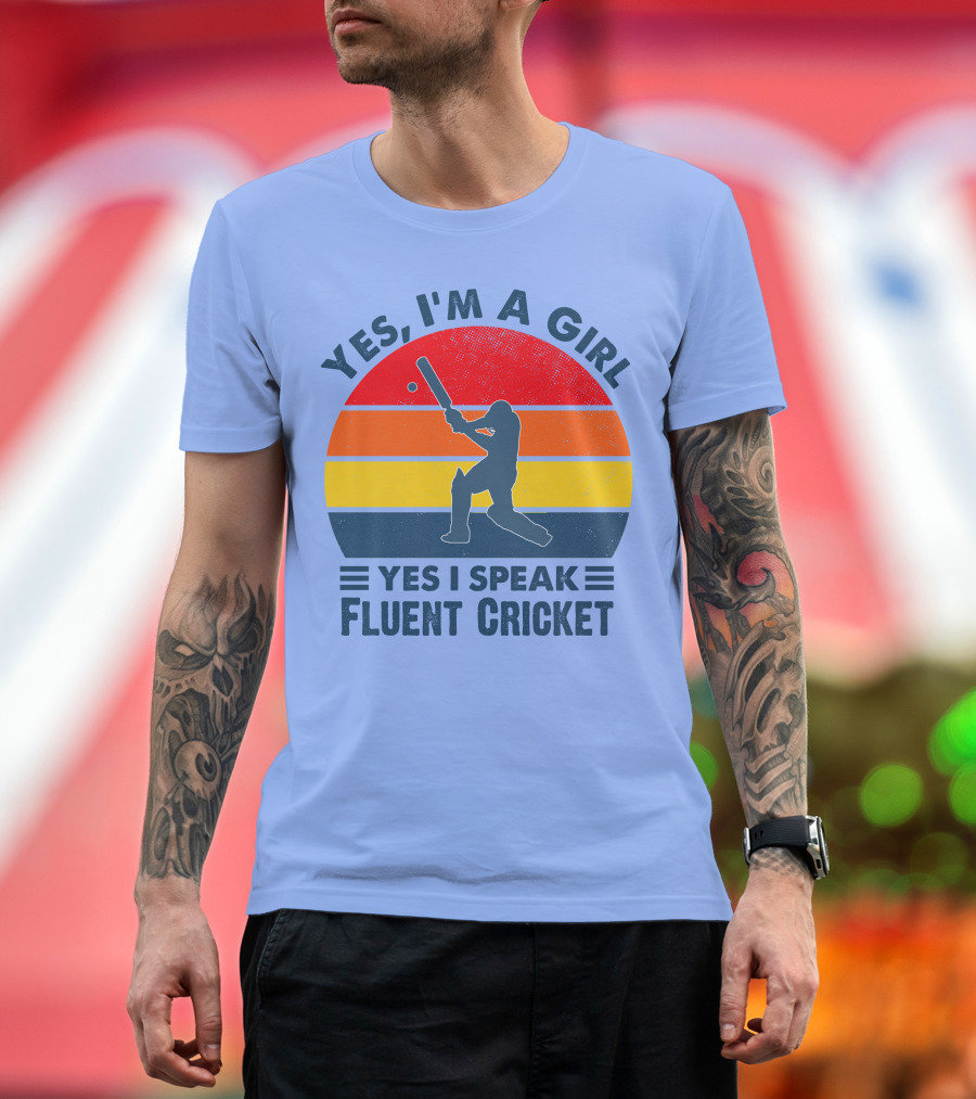 Yes I'm a Girl Yes I Speak Fluent Cricket Batting Silhouette Retro Colors T-Shirt
