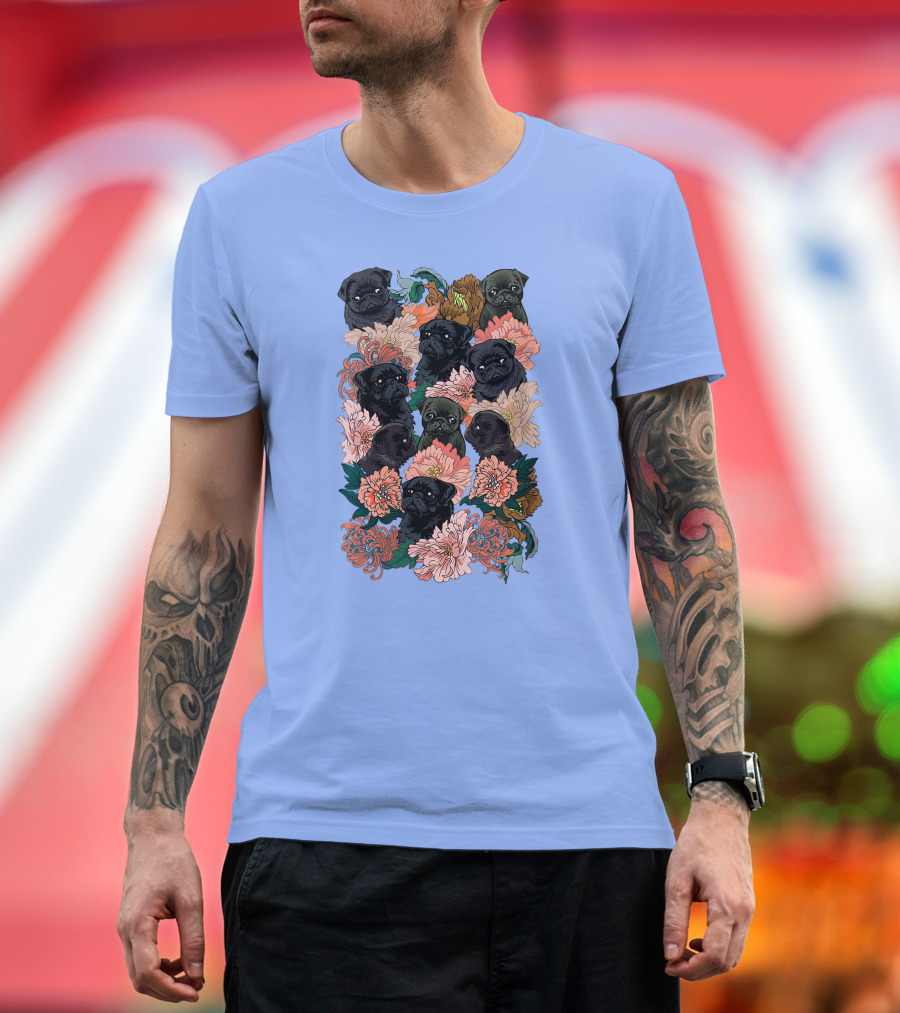 Because Black Pug Floral Pattern with Multiple Cute Faces on Colorful Bloom T-Shirt