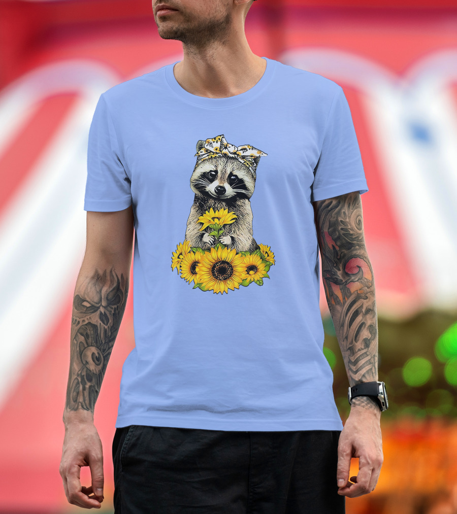 Raccoon Holding Sunflowers with Bandana Pattern Featuring Me T-Shirt