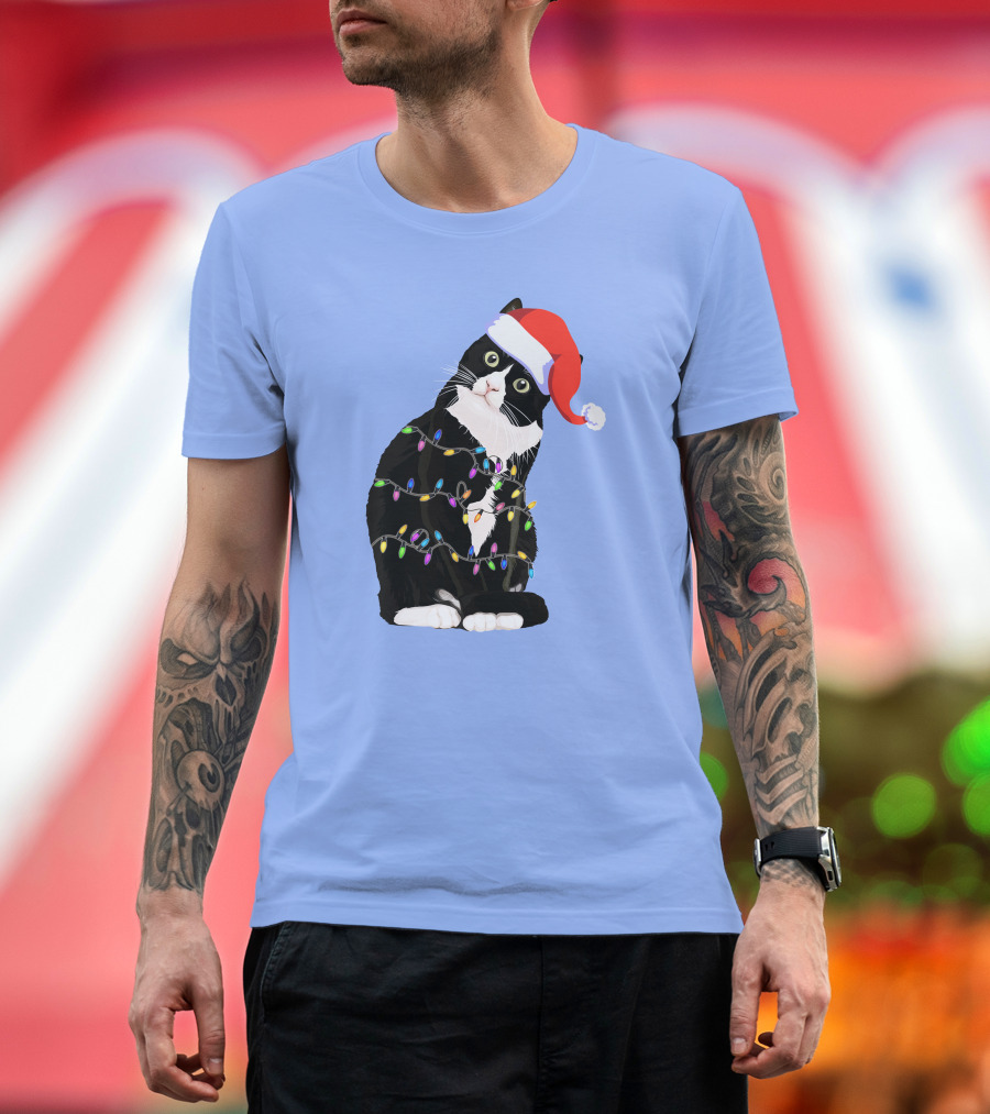 Tuxedo Cat Santa Hat with Colorful Christmas Lights Holidays T-Shirt