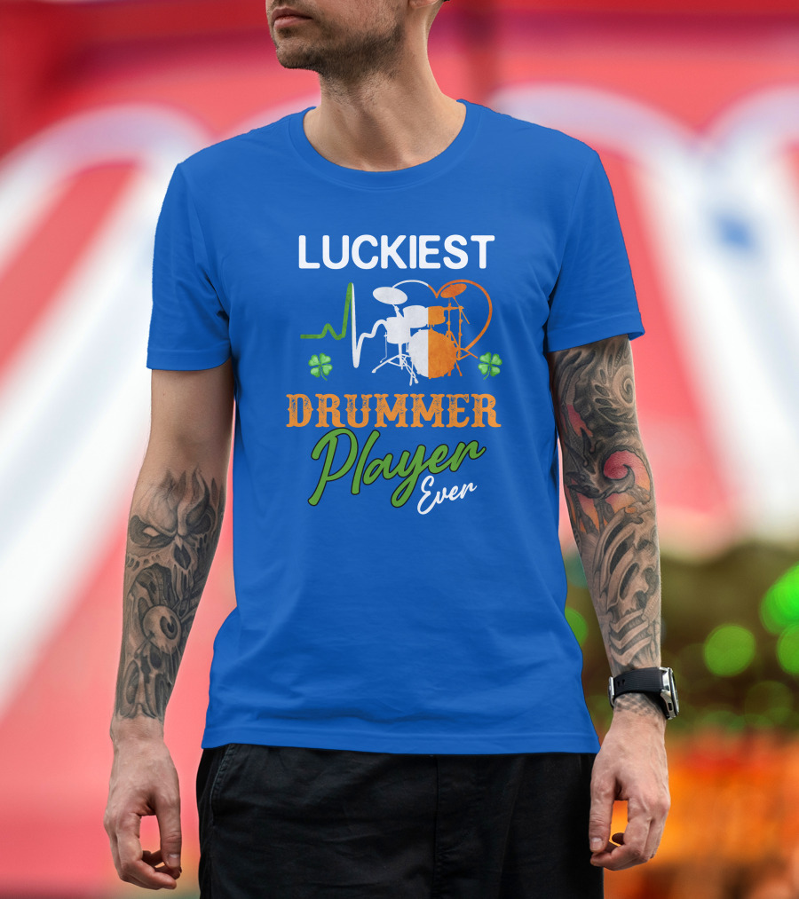 Luckiest Drummer Player Ever Irish Flag Heartbeat with Shamrocks T-Shirt
