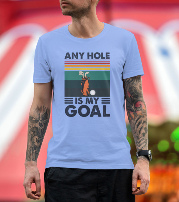 Premium T-Shirt: Any Hole Is My Goal Golf Bag and Ball Retro Stripes T-Shirt Any Hole Is My Goal Golf Bag and Ball Retro Stripes T-Shirt
