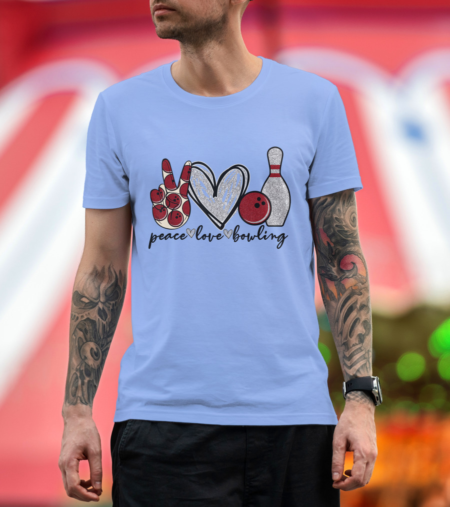 Peace Love Bowling Funny Bowling Lover Bowling Pins Glitter Bowling Ball T-Shirt