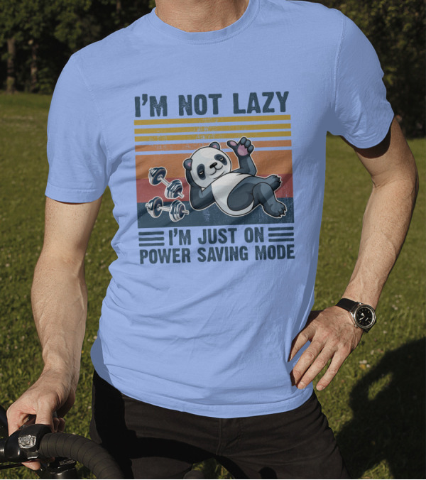 I'm Not Lazy I'm Just On Power Saving Mode RD Panda Retro Stripes And Dumbbells T-Shirt