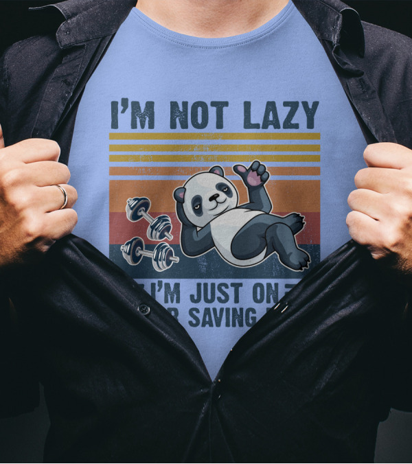 I'm Not Lazy I'm Just On Power Saving Mode RD Panda Retro Stripes And Dumbbells T-Shirt