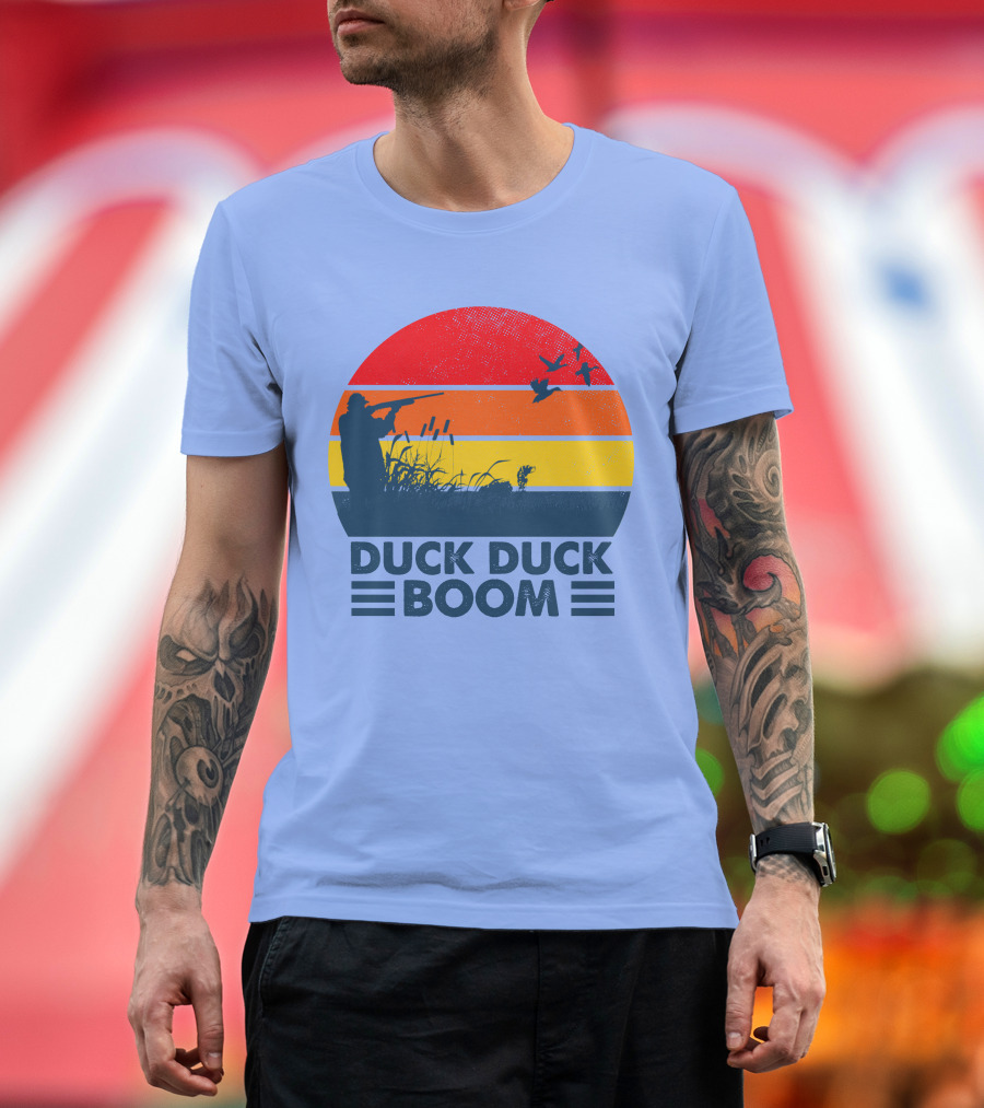 Duck Duck Boom Retro Hunting Silhouette with Bold Sunset Stripes T-Shirt