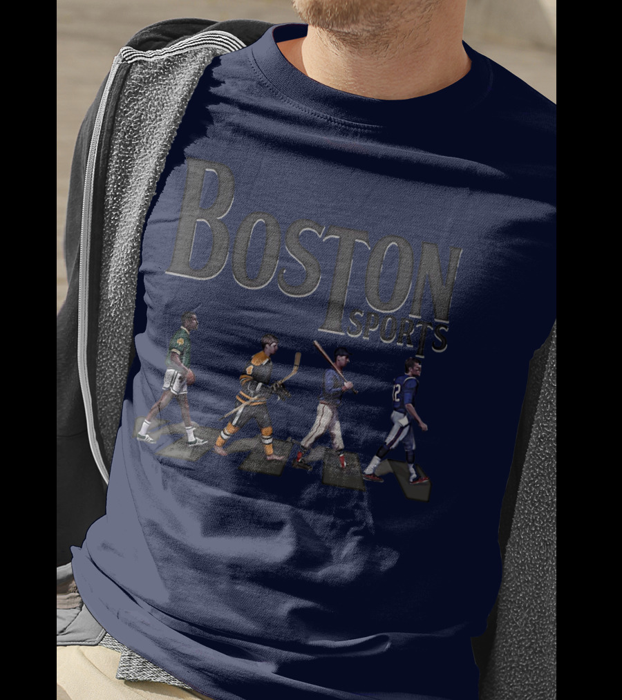 Boston Sports Evolution Inspired By Iconic Athletes In Green Basketball, Yellow Hockey, Baseball, And Blue Football Jerseys T-Shirt