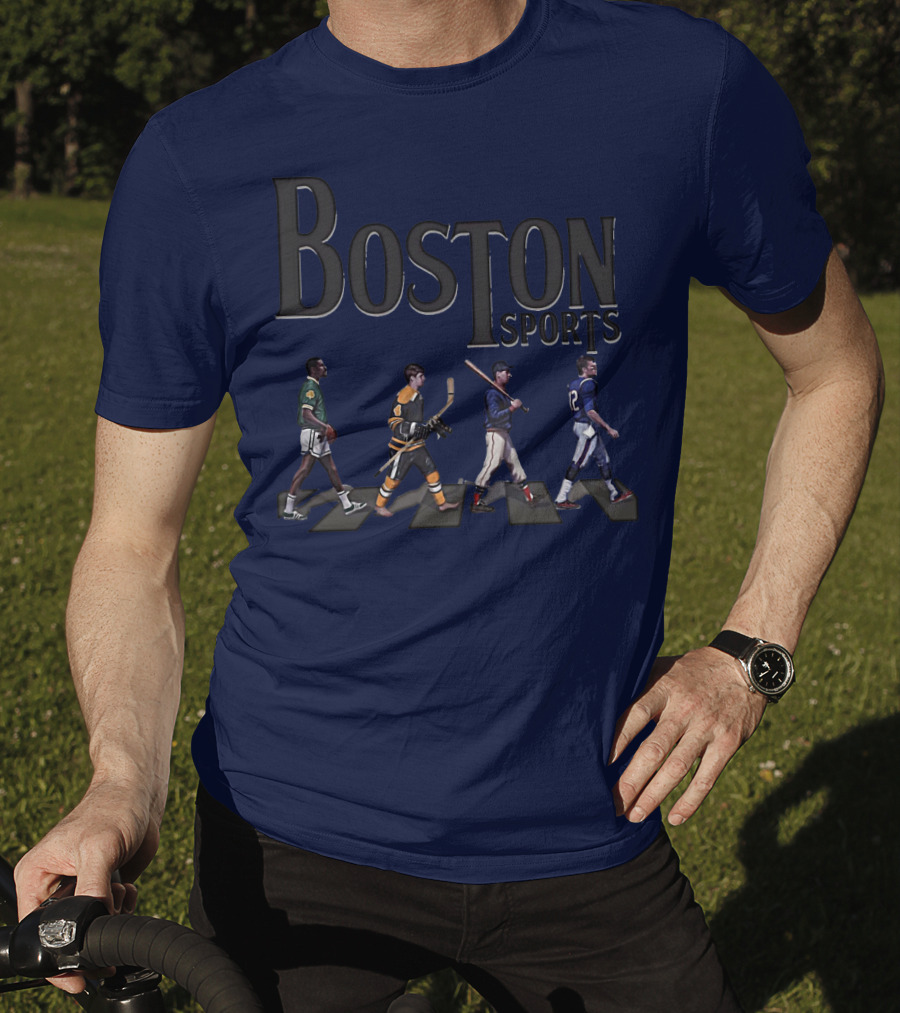 Boston Sports Evolution Inspired By Iconic Athletes In Green Basketball, Yellow Hockey, Baseball, And Blue Football Jerseys T-Shirt