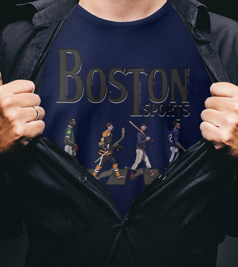 Boston Sports Evolution Inspired By Iconic Athletes In Green Basketball, Yellow Hockey, Baseball, And Blue Football Jerseys T-Shirt