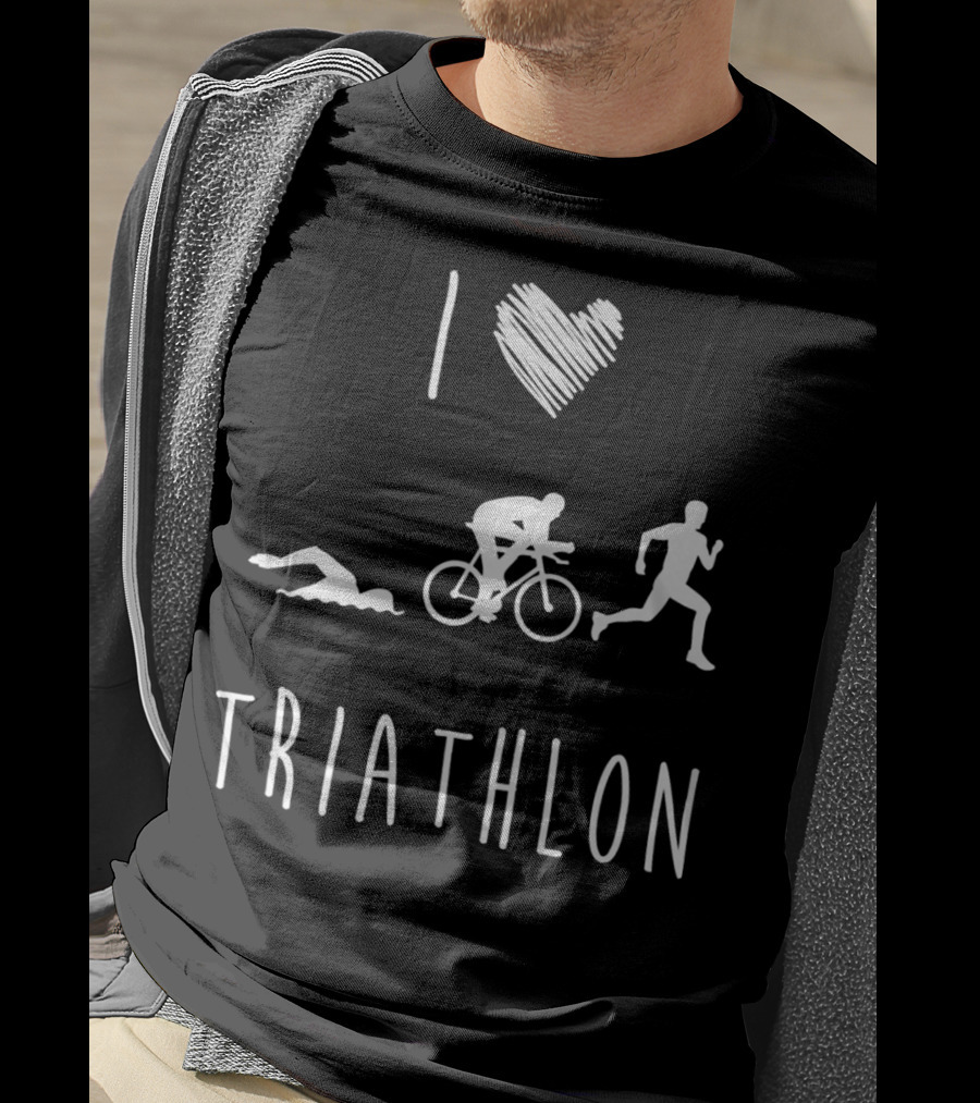 I Love Triathlon Featuring Swim Bike Run Iconography T-Shirt