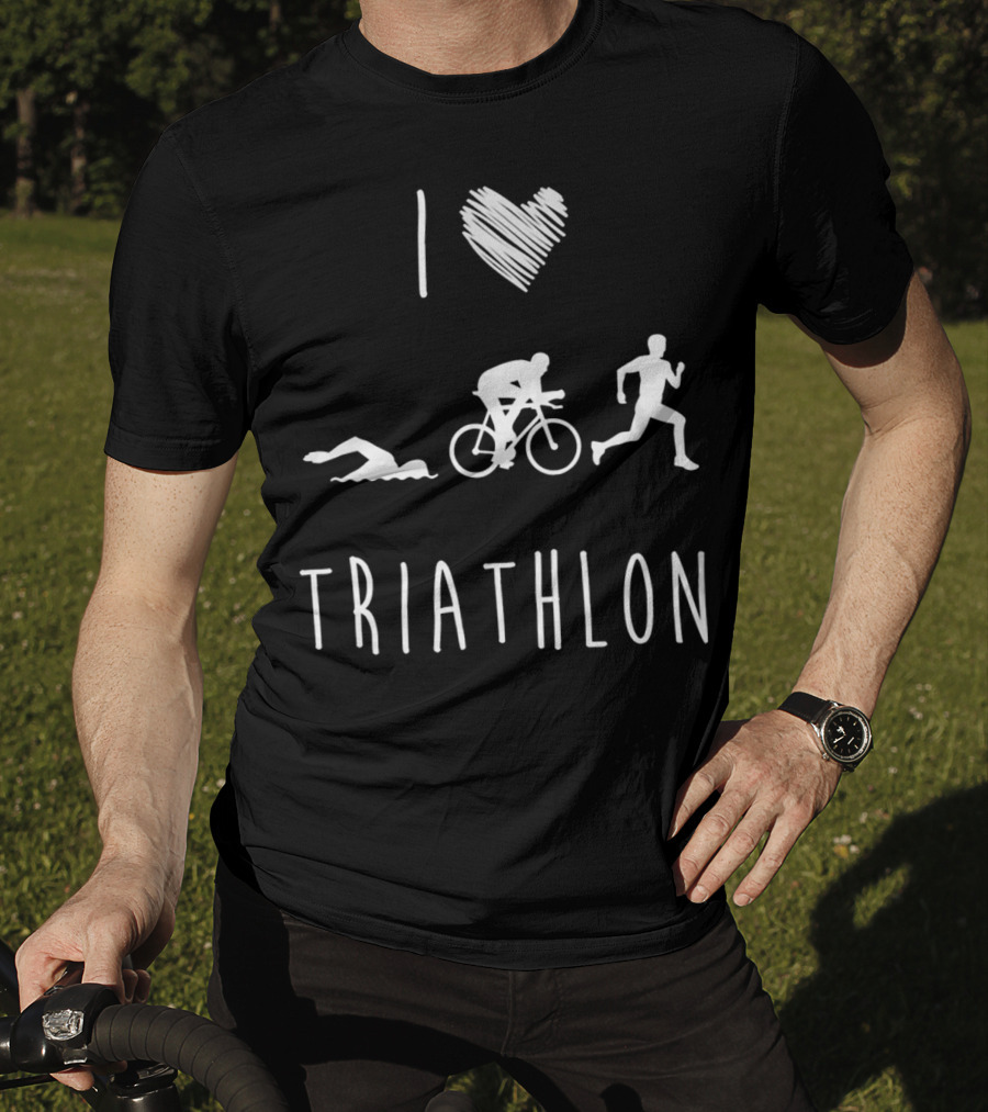 I Love Triathlon Featuring Swim Bike Run Iconography T-Shirt