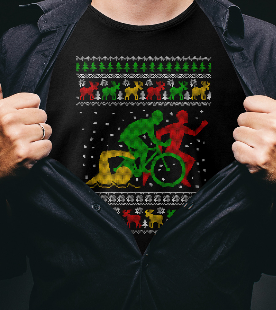 Merry Christmas Triathlon Ugly Sweater Swim Bike Run Festive Reindeer Holiday T-Shirt