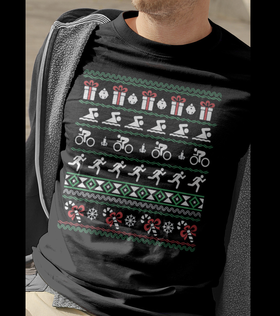 Triathlon Christmas Ugly Sweater Style With Gifts And Candy Canes T-Shirt