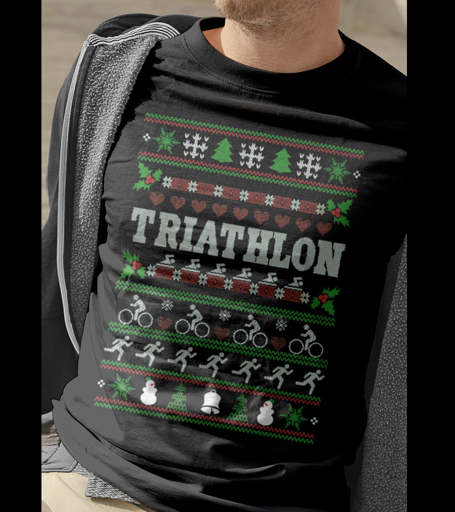 Triathlon Christmas Ugly Sweater Design With Swim Bike Run Motifs T-Shirt