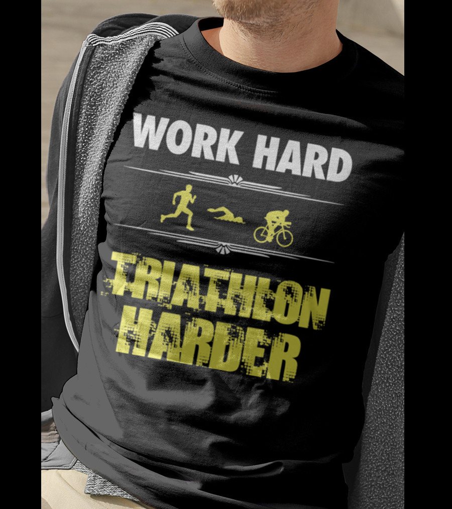 Work Hard Triathlon Harder Running Swimming Cycling Icons T-Shirt