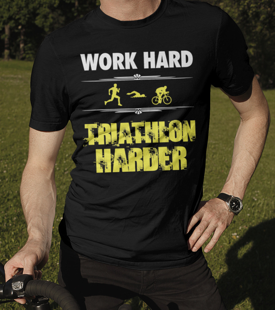 Work Hard Triathlon Harder Running Swimming Cycling Icons T-Shirt