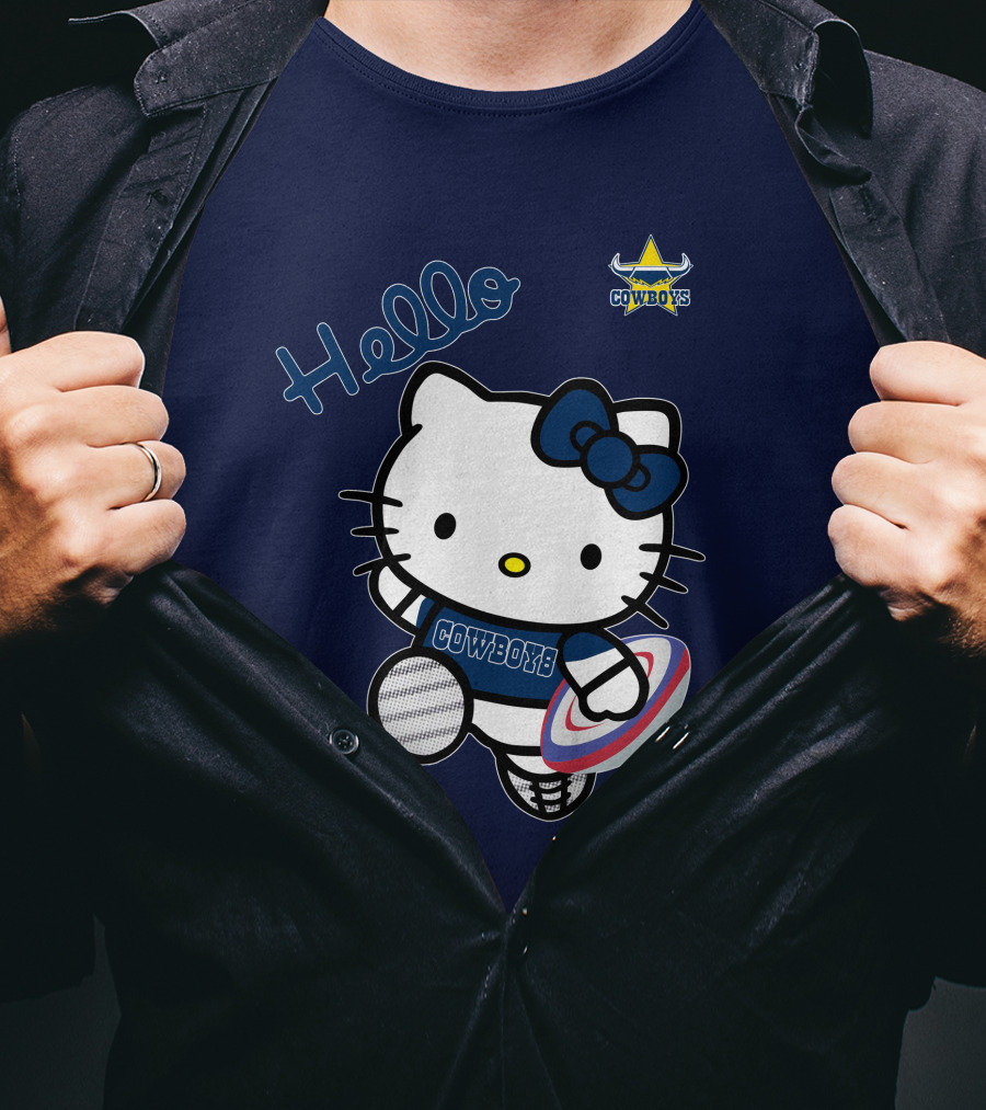 Hello Kitty North Queensland Cowboys Crossover With Rugby Ball T-Shirt