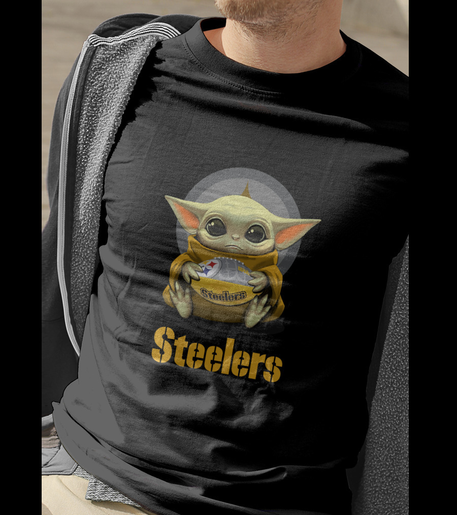 Steelers Baby Yoda With Football And Pittsburgh T-Shirt