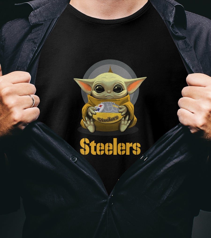Steelers Baby Yoda With Football And Pittsburgh T-Shirt