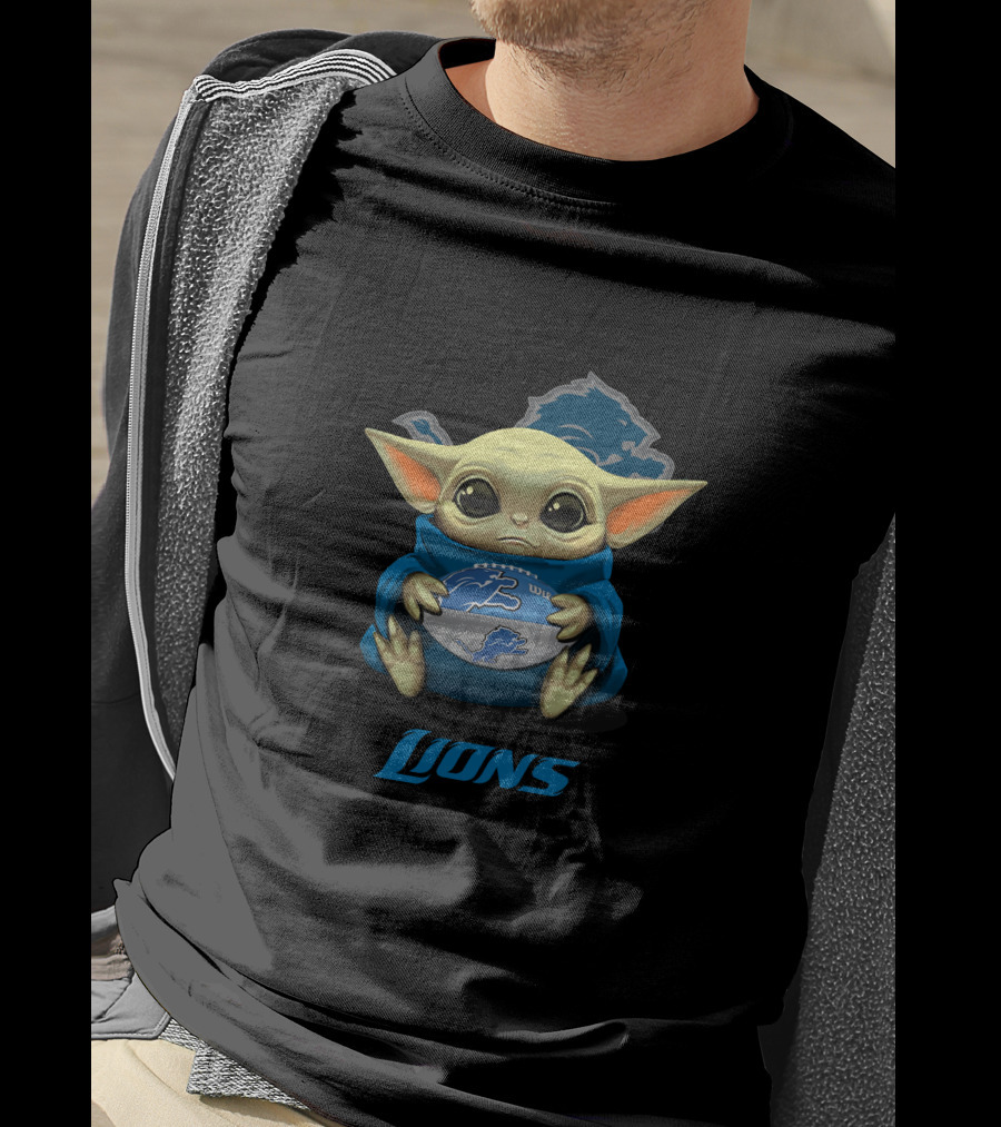 Detroit Lions Baby Yoda Holding Football With Lions T-Shirt