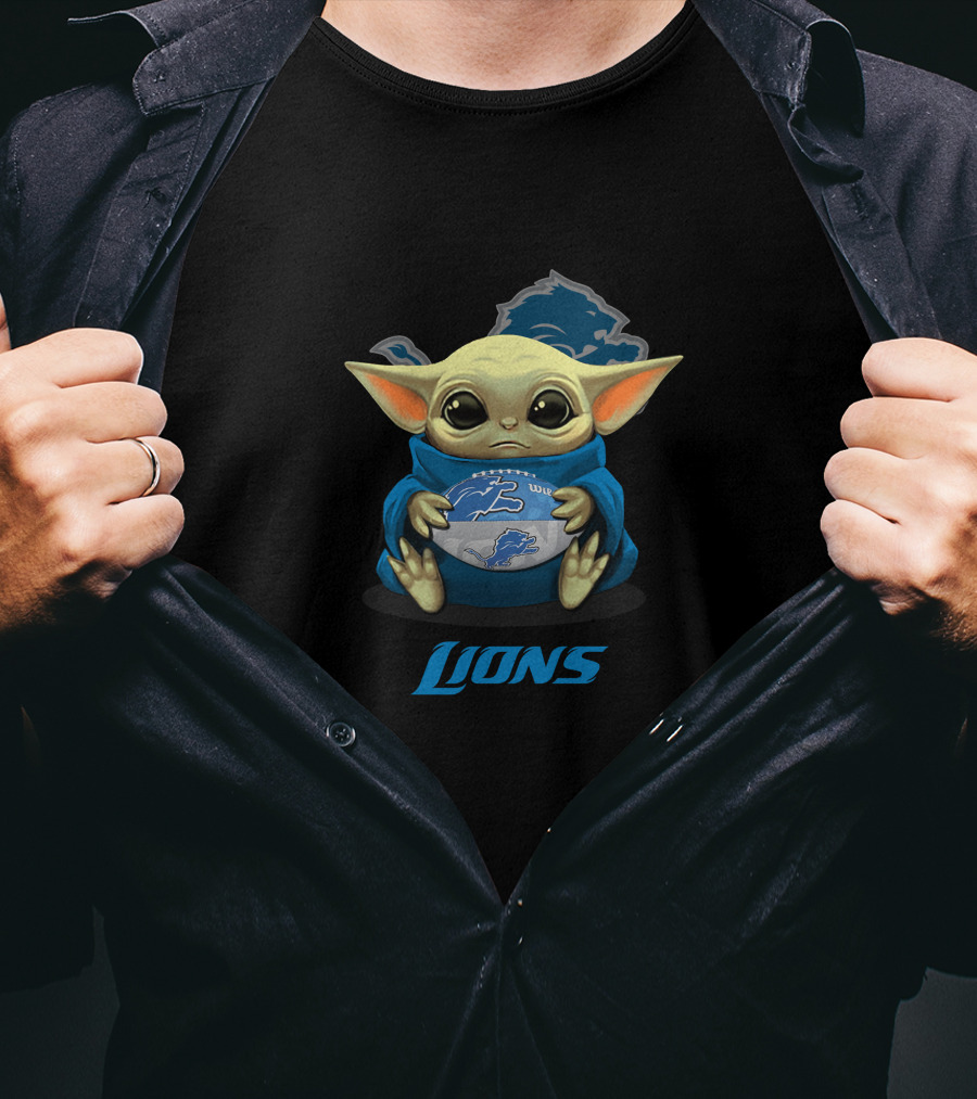 Detroit Lions Baby Yoda Holding Football With Lions T-Shirt