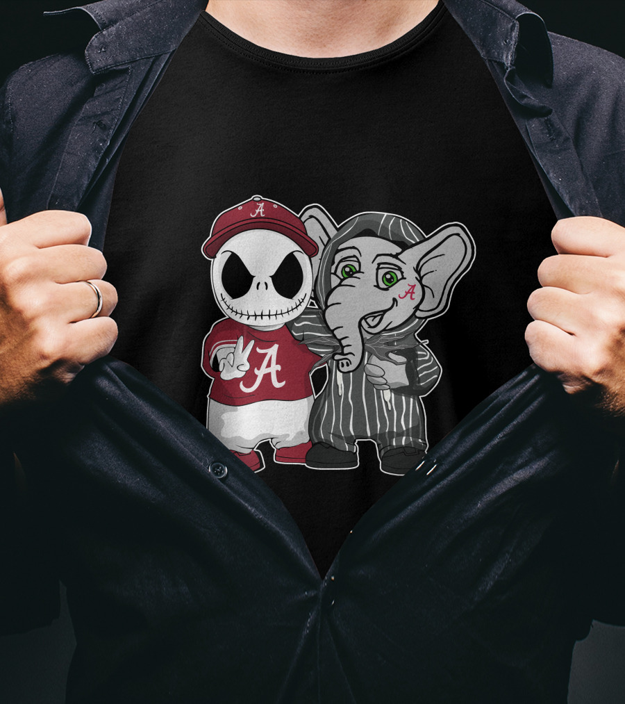 Alabama Crimson Tide Jack Skellington With Elephant In Striped T-Shirt