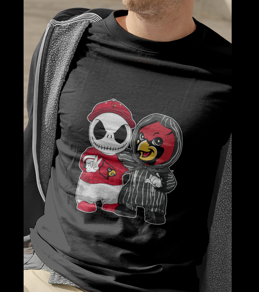 Louisville Cardinals Jack Skellington And Cardinal Mascot Duo T-Shirt