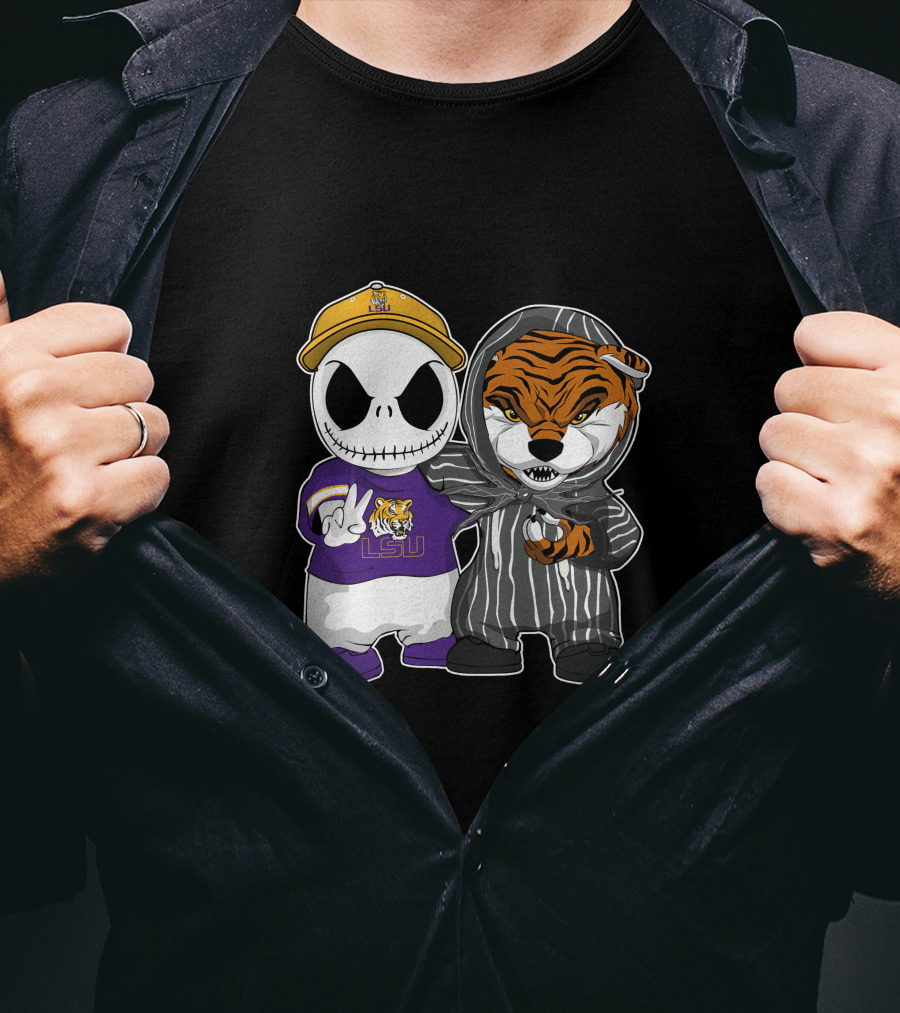 LSU Tigers Jack Skellington And Tiger Mascot Crossover T-Shirt