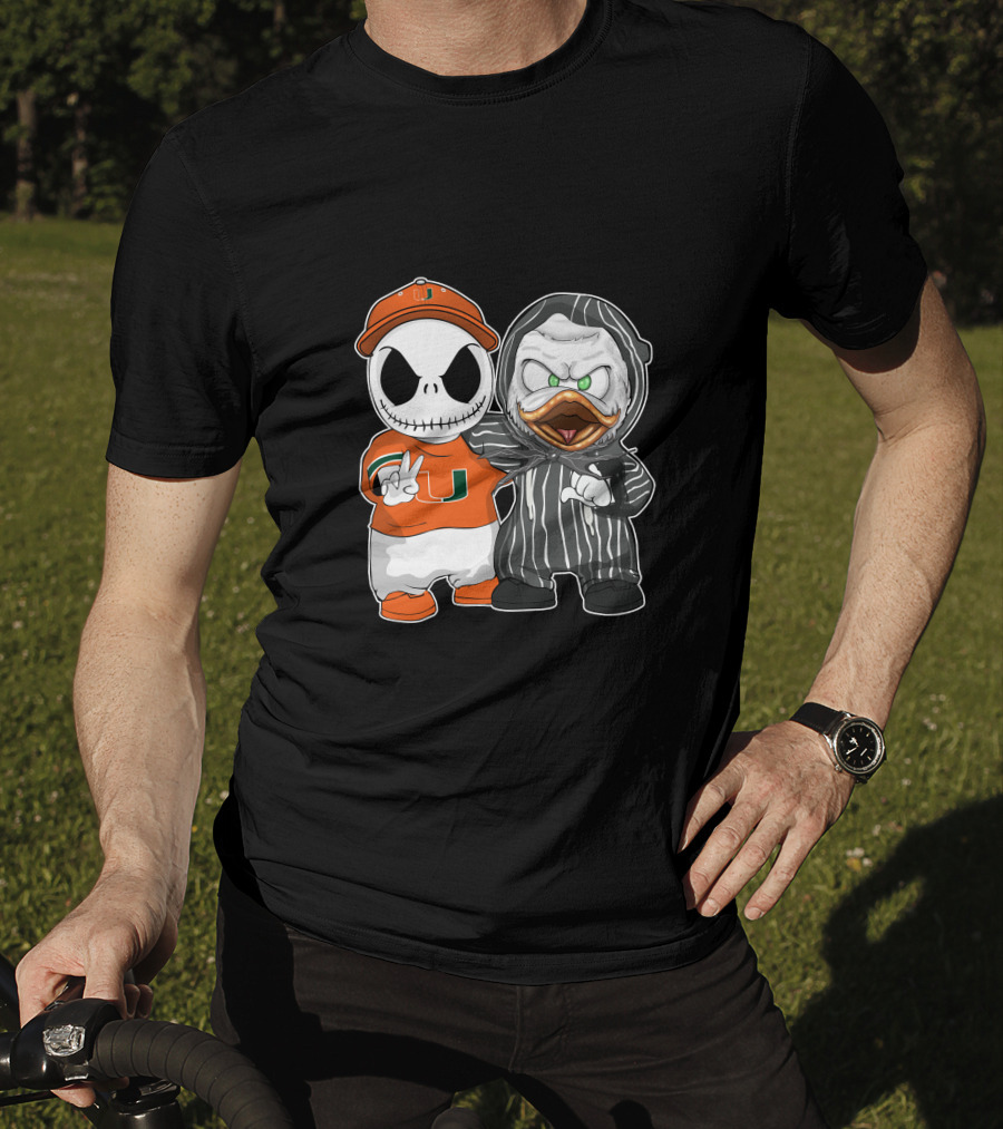 Miami Hurricanes Jack Skellington Oregon Ducks Crossover T-Shirt