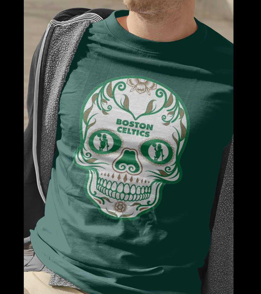 Boston Celtics Skull With Celtic Symbols And Basketball Mascot T-Shirt