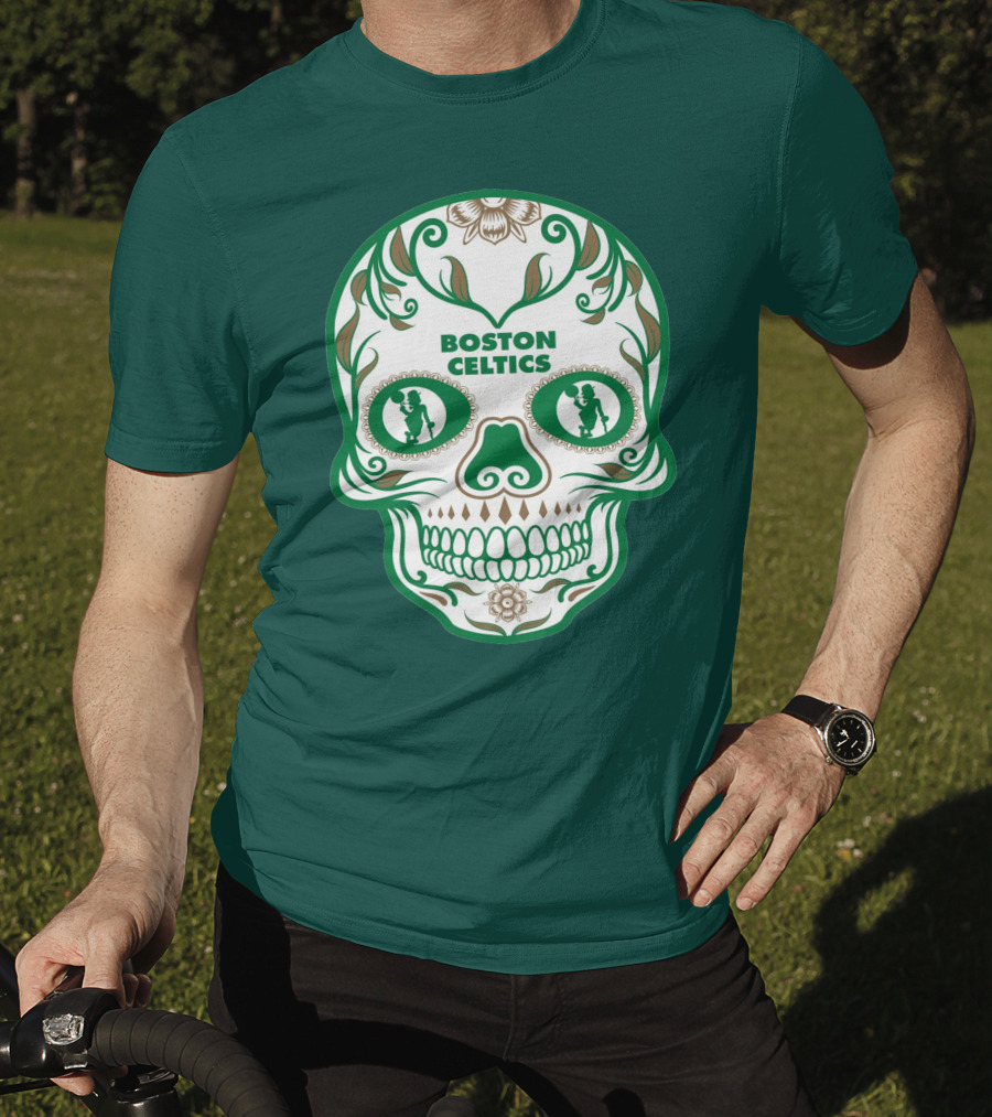 Boston Celtics Skull With Celtic Symbols And Basketball Mascot T-Shirt