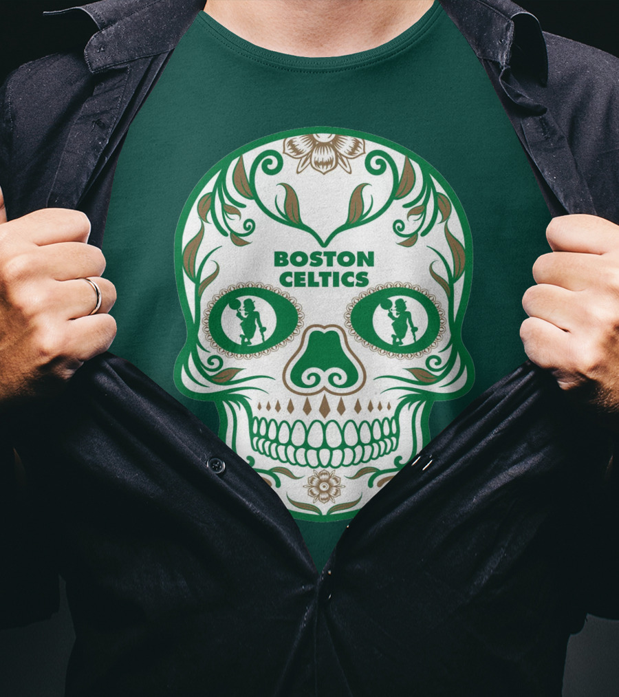 Boston Celtics Skull With Celtic Symbols And Basketball Mascot T-Shirt